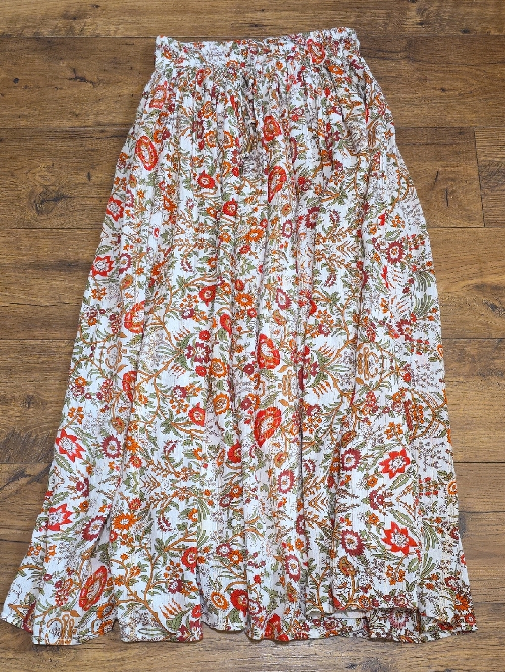 NATURAL LIFE White Maxi Skirt with Orange & Olive Floral Pattern